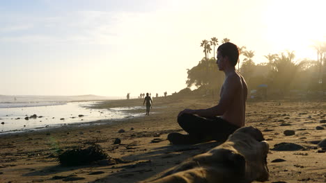 a handsome man deep breathing and meditating at sunset on a picturesque california beach with palm trees in silhouette