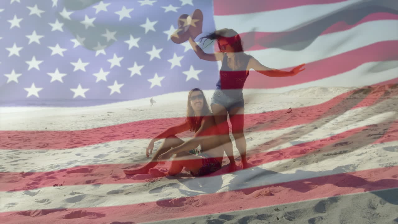 At beach, people playing with American flag animation in sunny weather