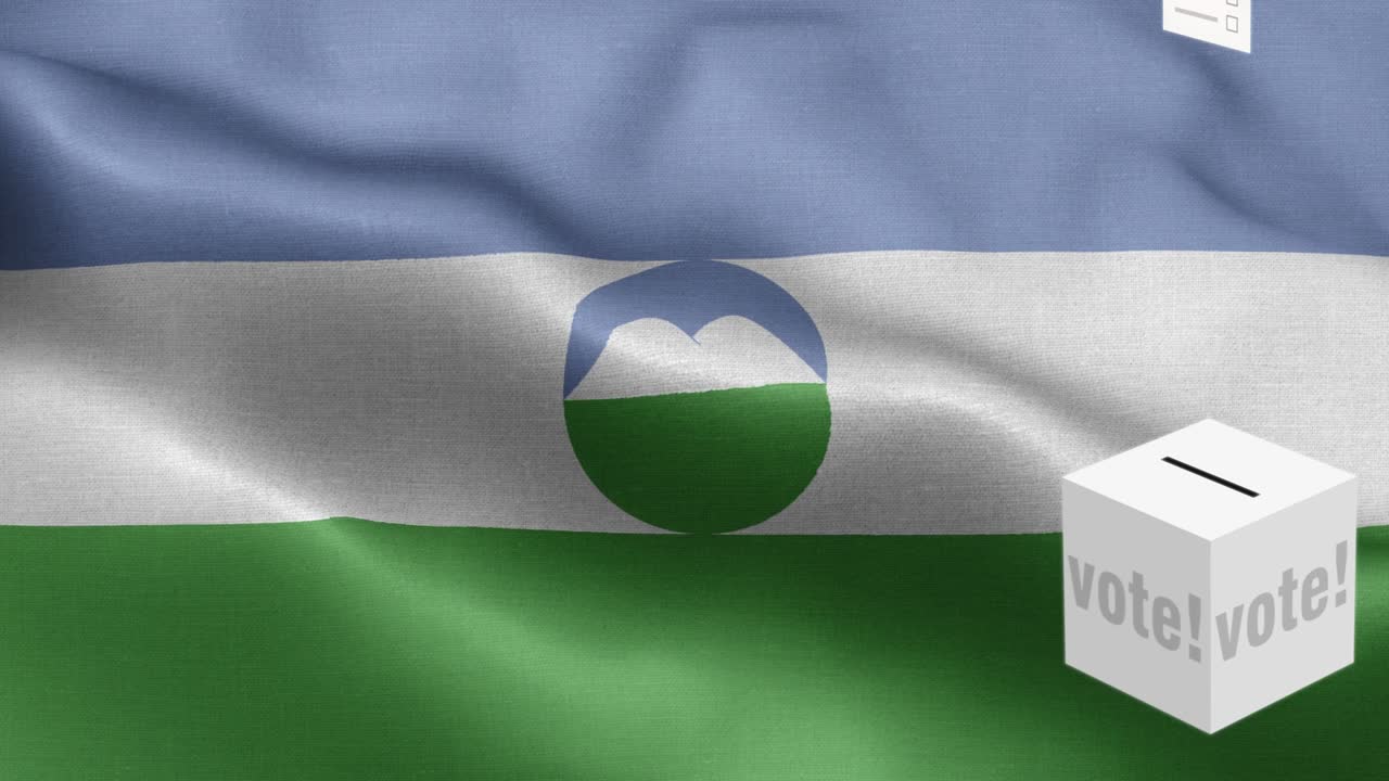 las boletas vuelan a la caja para kabardino balkari - caja de votación frente a la bandera - elección - voto - bandera de kabardino ballkaria - bandera de kabardino balkaria alto detalle - bandera nacional kabardino balkaria patrón de ondas elementos loopables - textura de tela y bucle sin fin