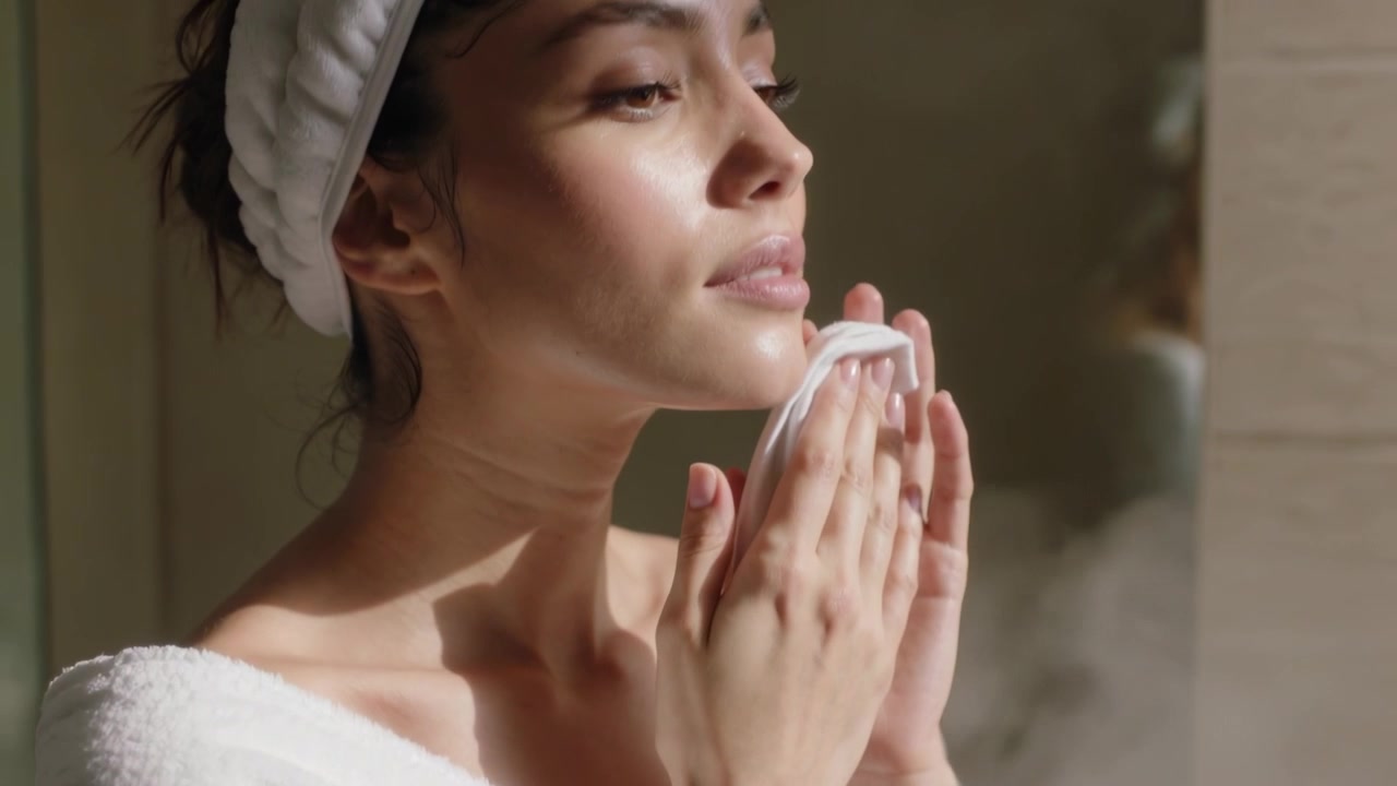 Applying woman in robe patting face at bathroom mirror post-shower for skincare with cotton pad