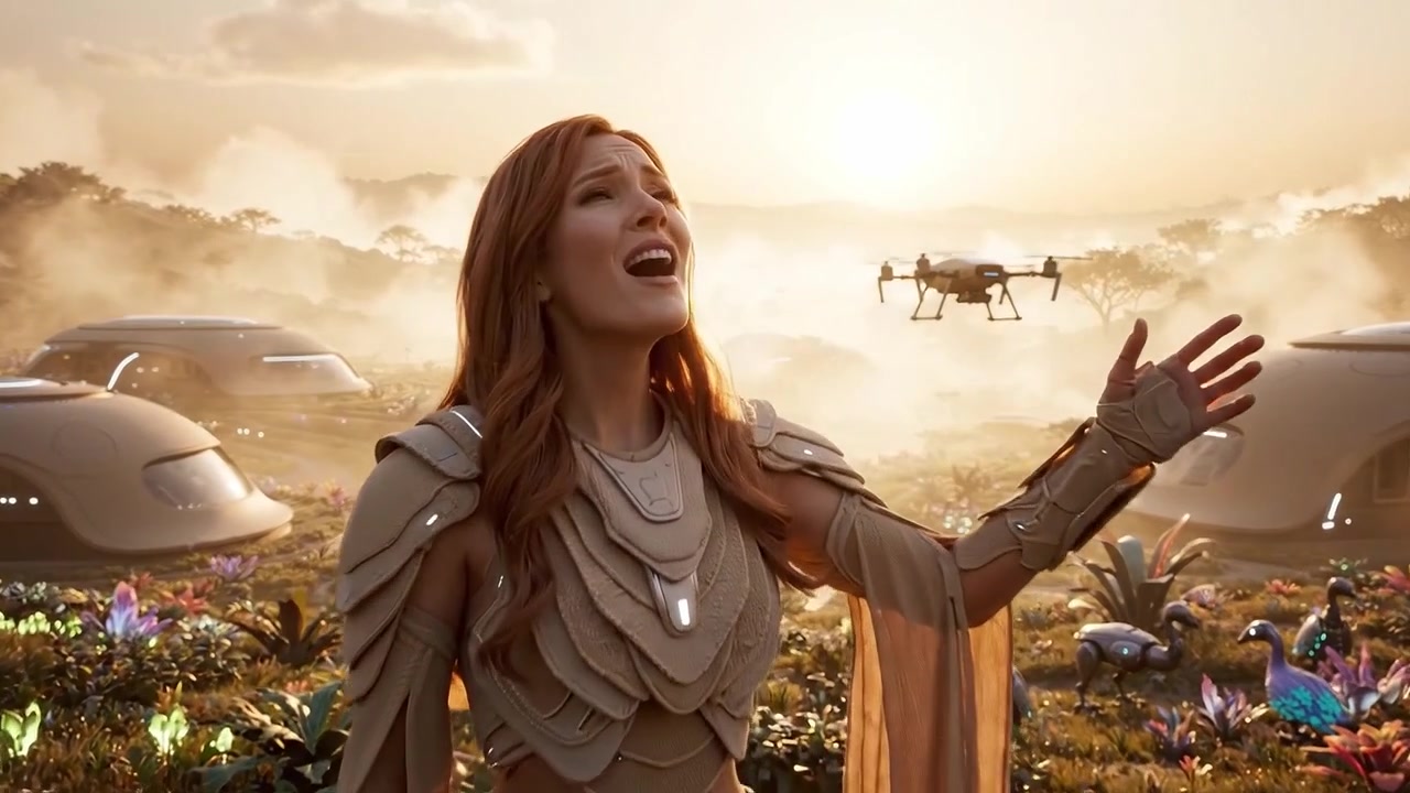 A Futuristic Scene of a Woman in Robotic Armor Singing Amidst an Enchanted Landscape with Drones and Lush Flora in a Distant World of Tomorrow