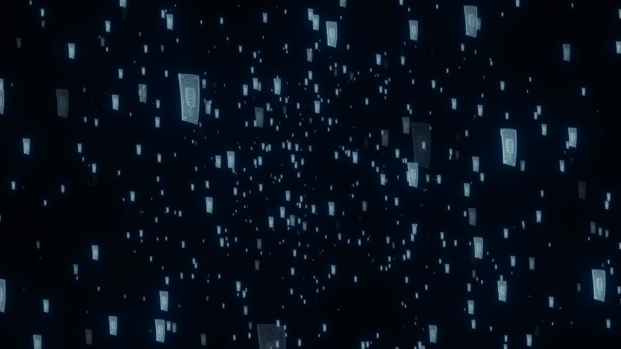 Multiple one-dollar bill notes floating in 3D Z-space cayan glow, representing finance, economy, wealth, and monetary concepts in a dynamic financial environment.