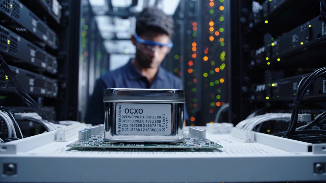 High-Tech Environment Featuring a Precision Oscillator in Close-Up, Capturing the Intricate Interactions Between Electronics and Advanced Computing Systems