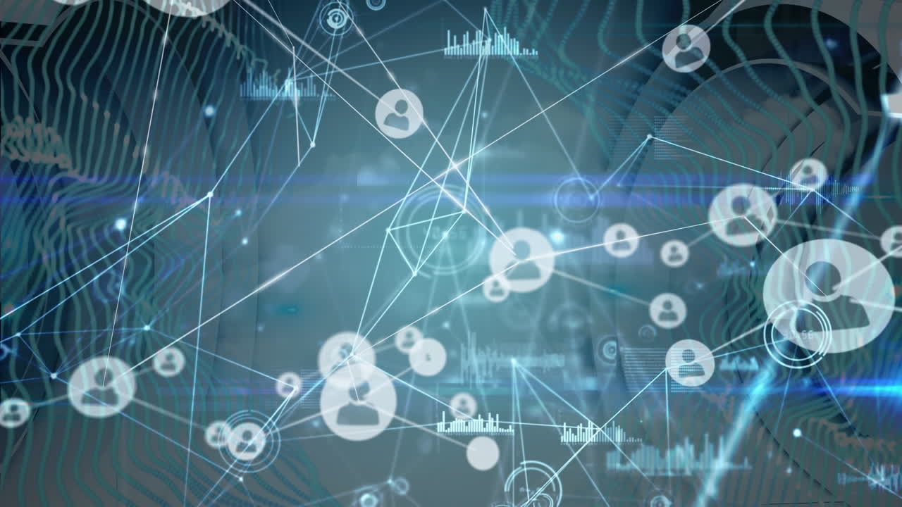 파란색 배경과 파도에 대한 연결 네트워크의 애니메이션