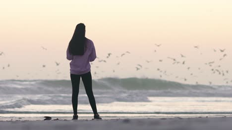 Breite-Aufnahme-Von-Frauen,-Die-An-Einem-Strand-Stehen-Und-Möwen-Beim-Fliegen-Beobachten,-Während-Die-Wellen-Während-Des-Sonnenuntergangs-In-Zeitlupe-Im-Hintergrund-Krachen