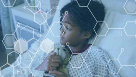 animación de compuestos químicos sobre una niña enferma en una cama de hospital