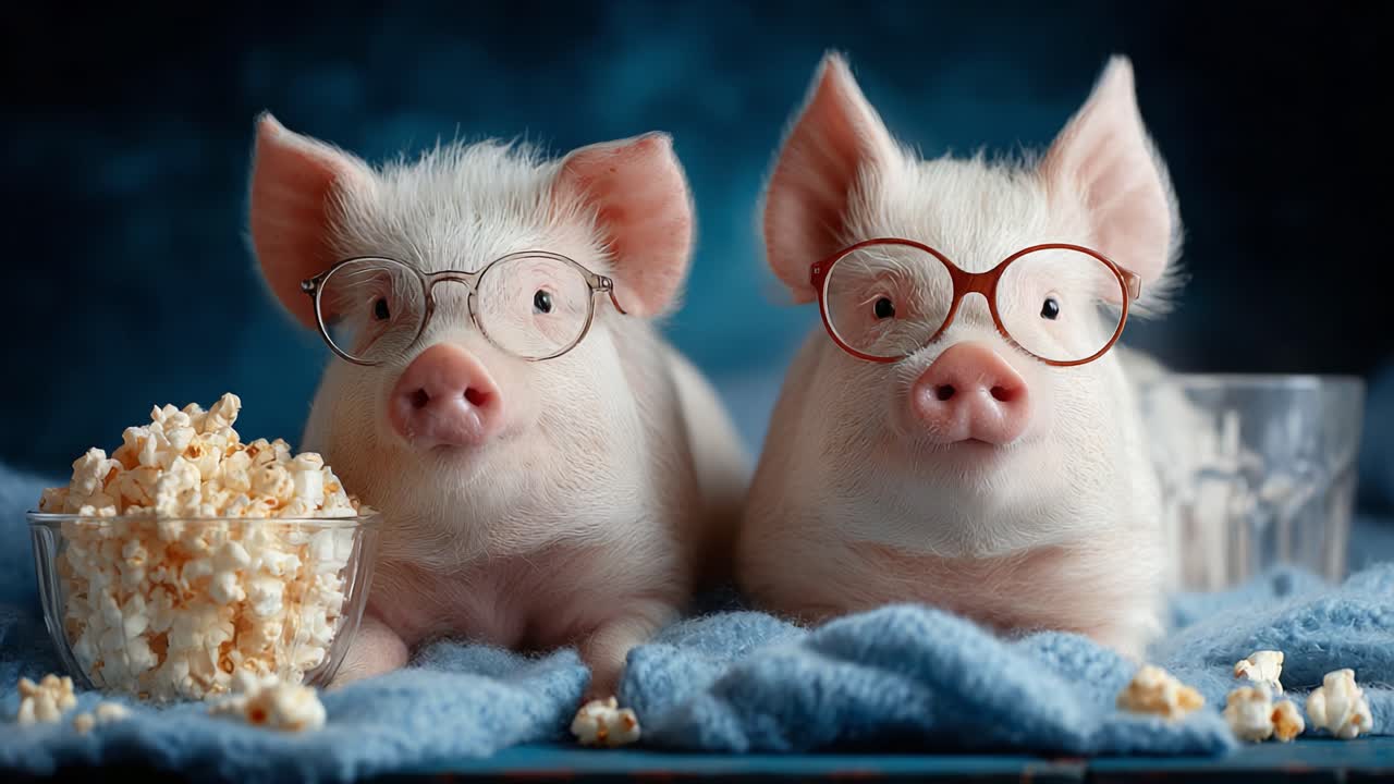 Two adorable pigs wearing glasses comfortably lounging with popcorn in a cozy setting, showcasing their playful and charming personalities in a delightful scene