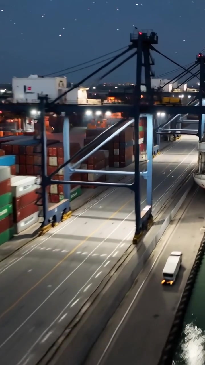 Video verticale: Drone che si lancia, sorvola un terminal container di notte, documentando gru a portale