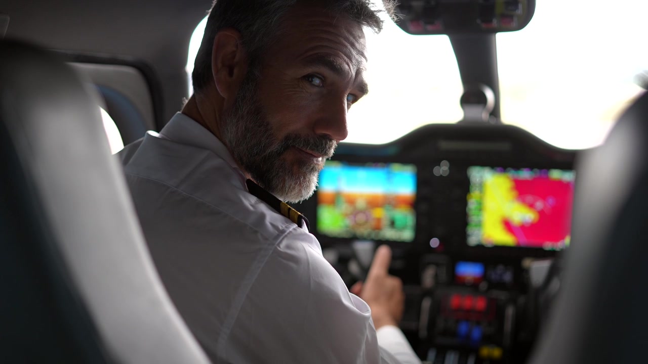 Piloto seguro operando los controles y sonriendo en la cabina del avión