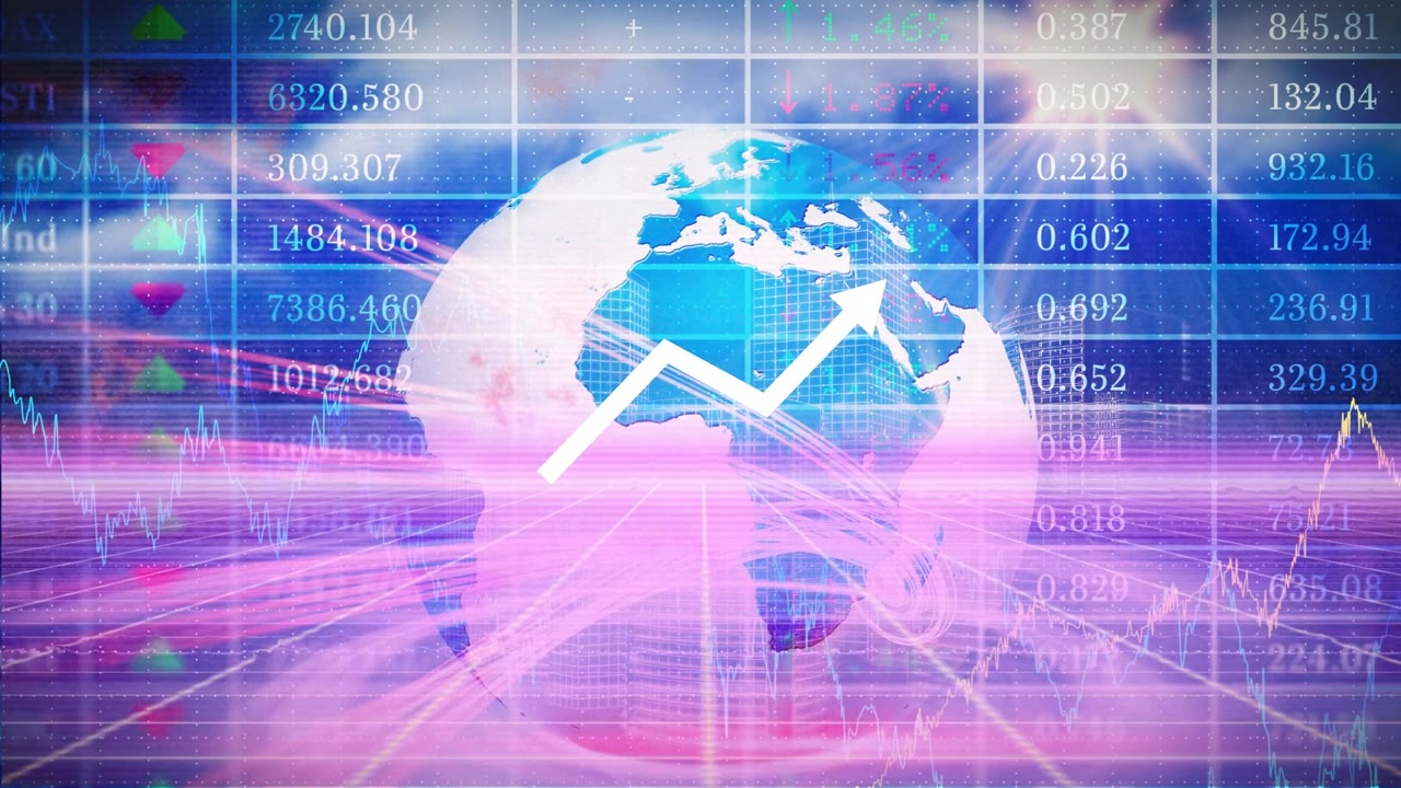 Animation of stock market data processing and globe against pink light trails on blue background
