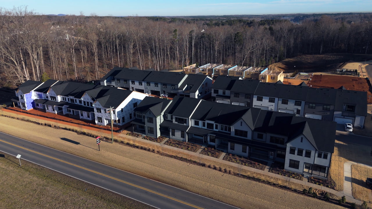Construction Site And House Framing Being Built In Suburban Area In The USA - Drone Shot