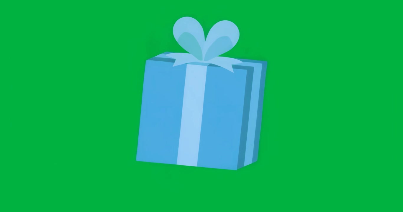 Frammenti di pixel che avviano la rotazione di una scatola regalo blu su livello trasparente aggiungendo un effetto festivo