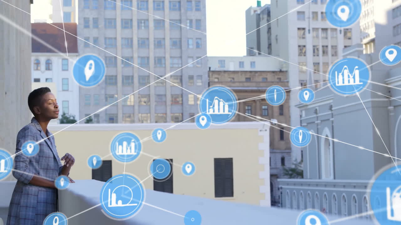 발코니에 있는 아프리카계 미국인 사업가에 대한 연결 네트워크 아이콘의 애니메이션