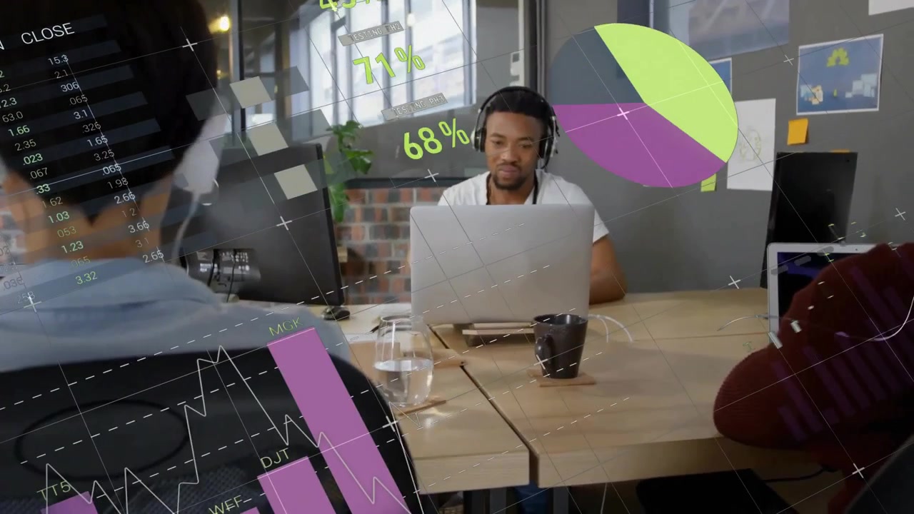 Animation of data processing over diverse colleagues working in office