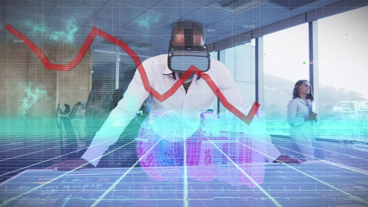 Animation af behandling af røde linjer og bilmotortegning på gitter over forretningsmand der bruger VR-headset