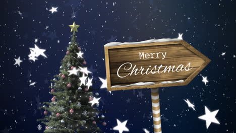 feliz navidad escrito en un cartel de madera y la nieve cayendo
