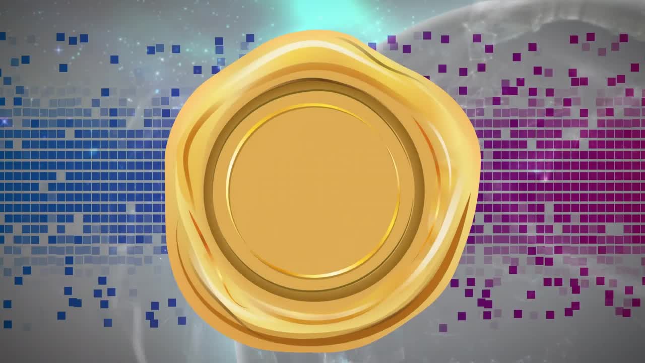 Animation of golden medal over blue and pink squares and globe