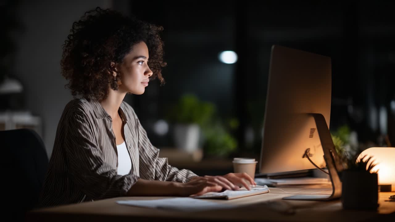 Focused Productivity: A Young Woman Working Late at Night in a Cozy Workspace Illuminated by a Computer Monitor and Warm Light