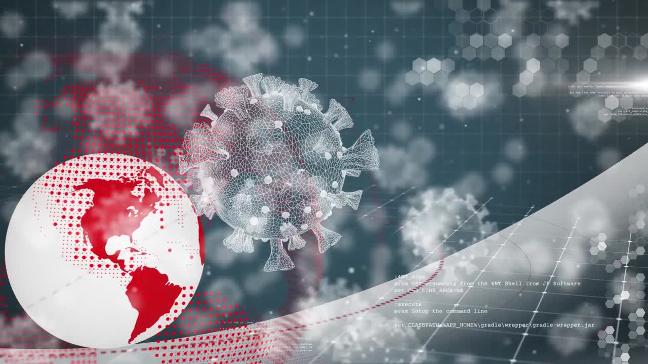 전 세계적으로 떨어지는 코로나19 세포의 애니메이션