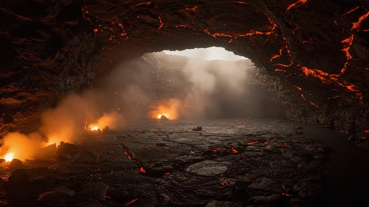 A Dramatic View Inside a Volcanic Cave, Showcasing Lava Flows and Glowing Rock Formations Amidst Rising Steam and Eruptive Elements of Nature's Power
