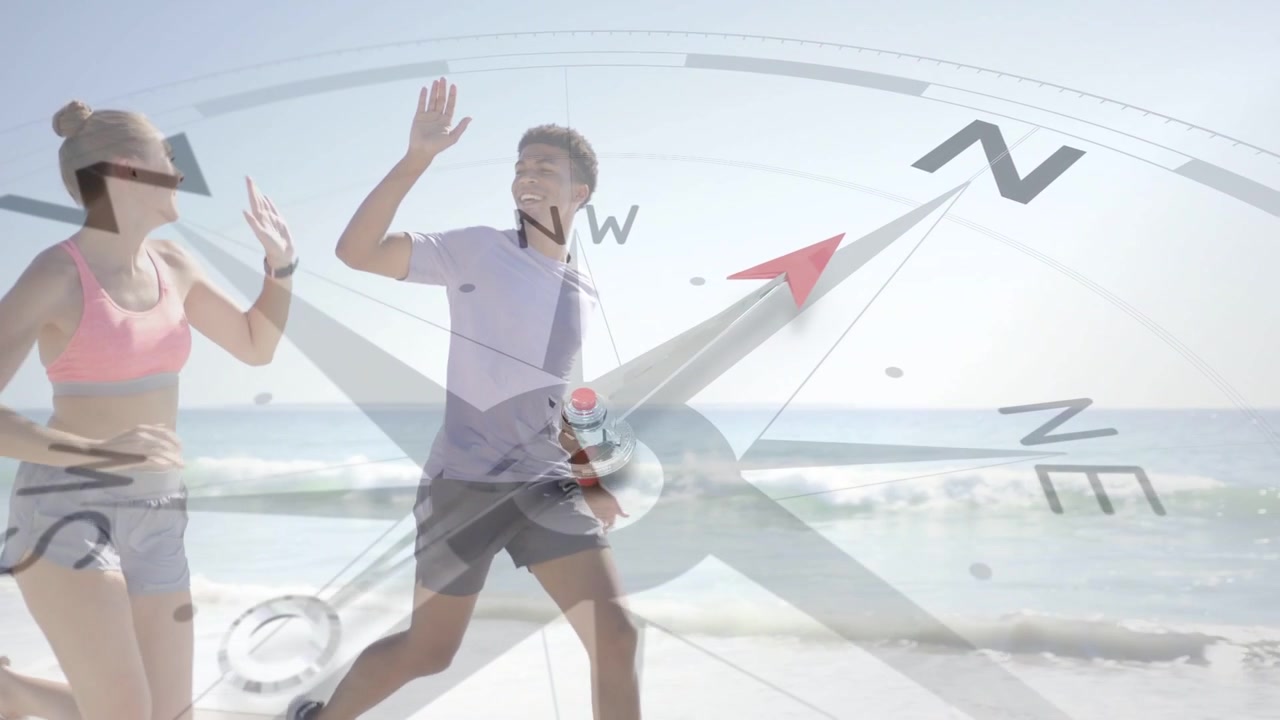 Man starting left, joining woman, high-fiving, running, compass overlay rotating NW for fitness