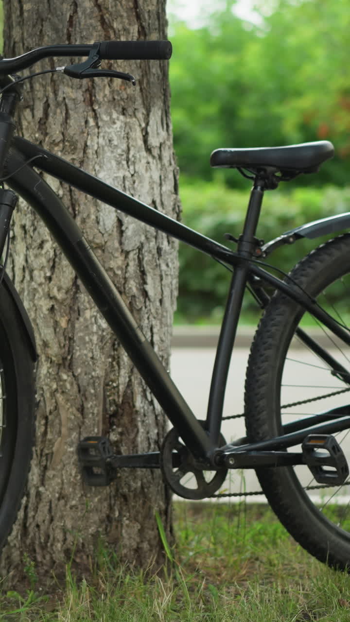 Bicycle leaning against tree in tranquil park setting, surrounded by vibrant greenery and soft bokeh background, with blurred figure in distance and paved path