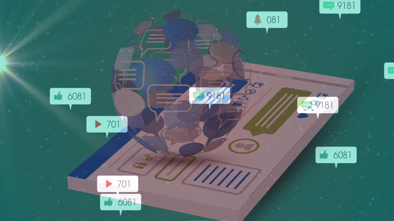 Animation of social media icons and numbers over globe spinning on green background