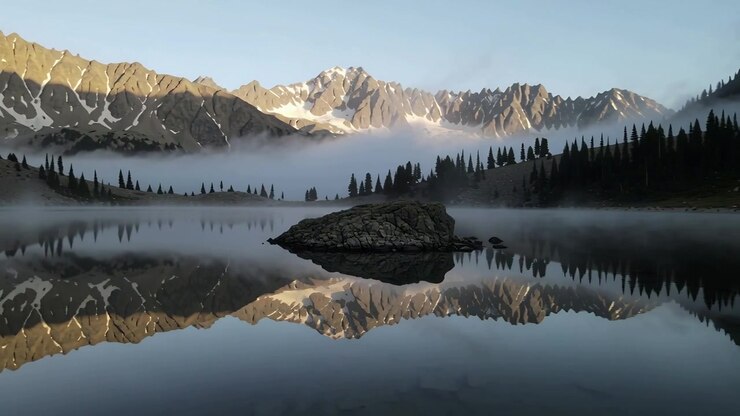 La luce del sole che sorge fa spostare la nebbia mentre un lago alpino riflette un isolotto roccioso all'alba, contrasto in aumento