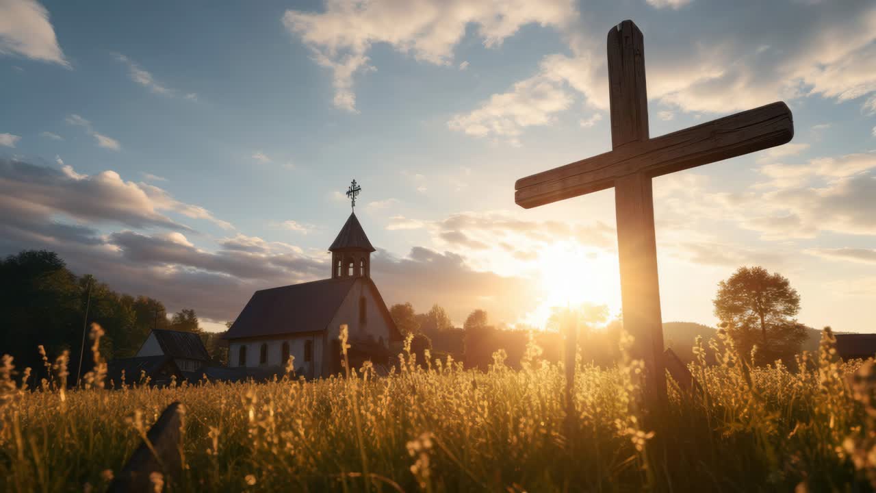 Serene sunset video scene of a rustic church and cross in a field, captured from a low angle