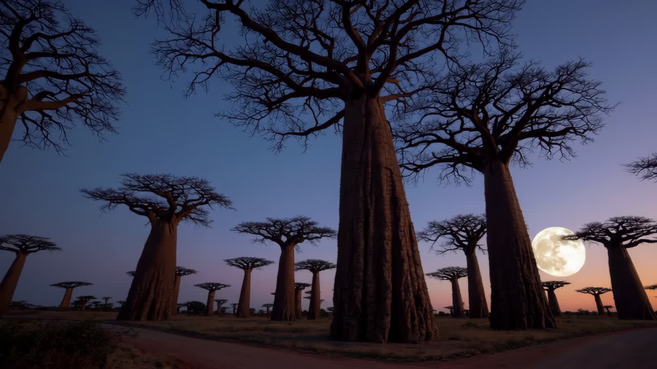 Baobab Trees Under a Full Moon at Twilight