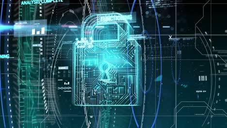 icono de candado de seguridad y procesamiento de datos contra fondo azul