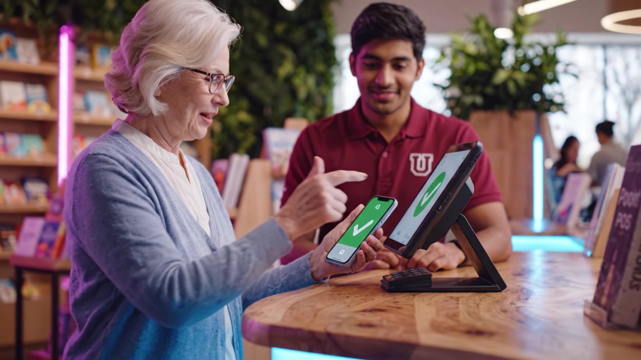 Engaging Interaction between a Senior Woman and a Young Man at a Modern Checkout Counter with Digital Technology and Books in the Background