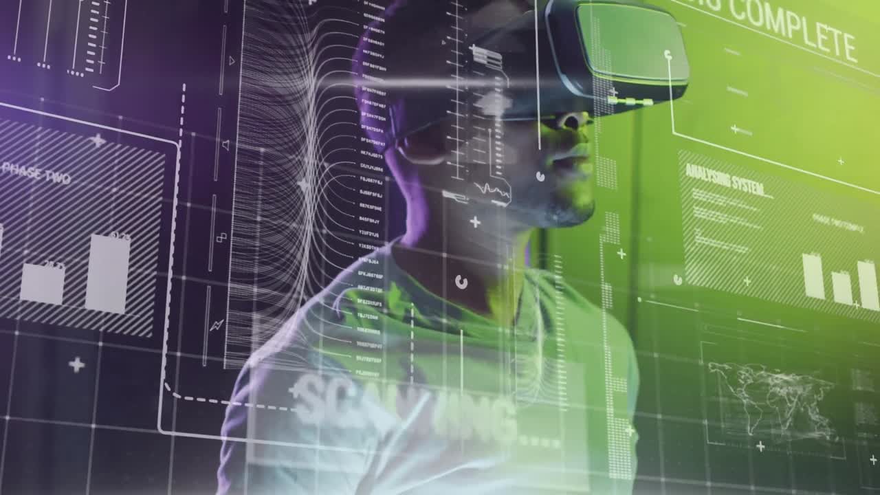 Animation von Datenverarbeitung über einem afroamerikanischen Mann mit VR-Headset