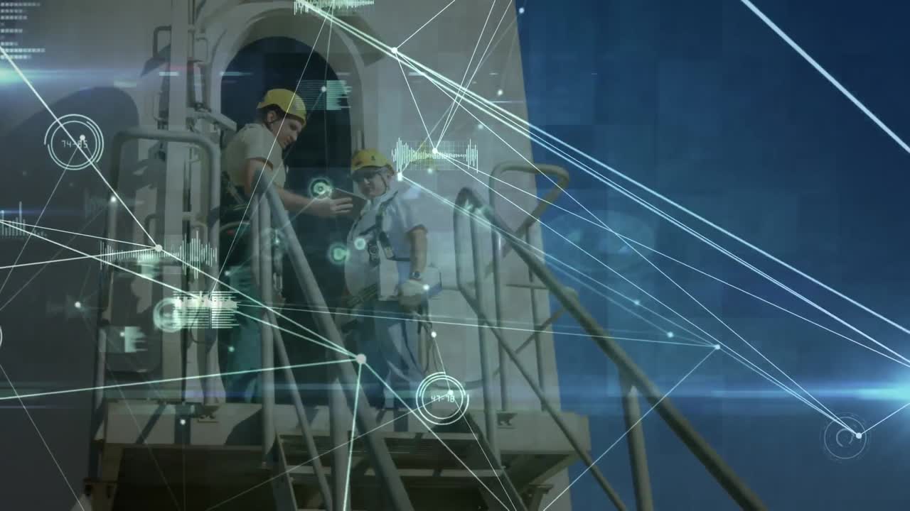 Animação de uma rede de conexões sobre uma turbina eólica e engenheiros homens no fundo.