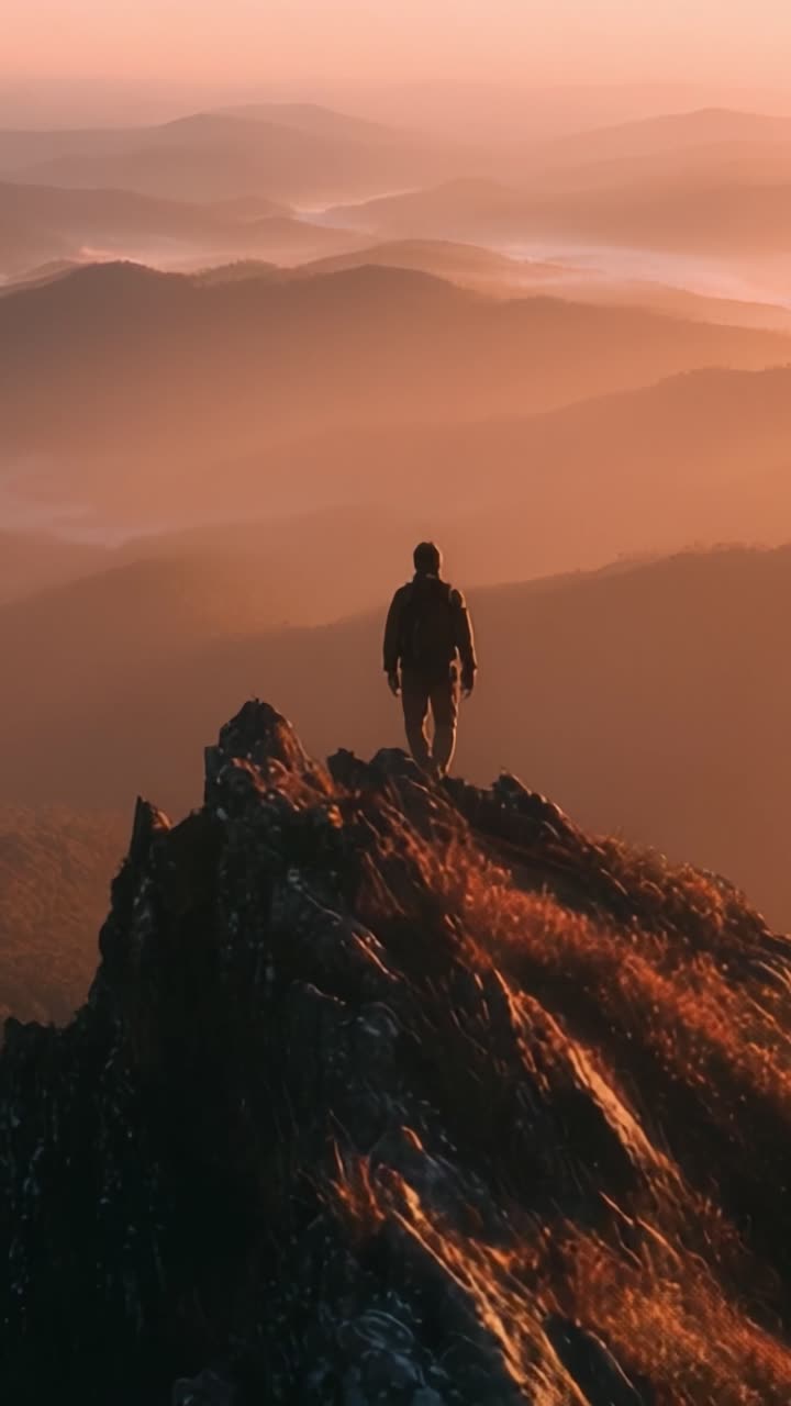 Una figura solitaria si erge su una vetta rocciosa, contemplando la vasta distesa di montagne e valli nebbiose al tramonto, catturando l'essenza dell'avventura e della tranquillità nella natura.