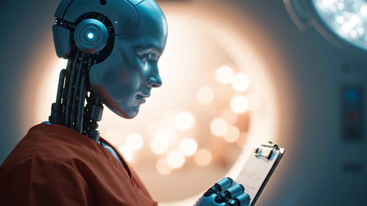 Un assistente robotico futuristico in un ambiente medico, che mostra tecnologia avanzata mentre tiene in mano un blocco note, riflettendo sui suoi compiti e responsabilità.