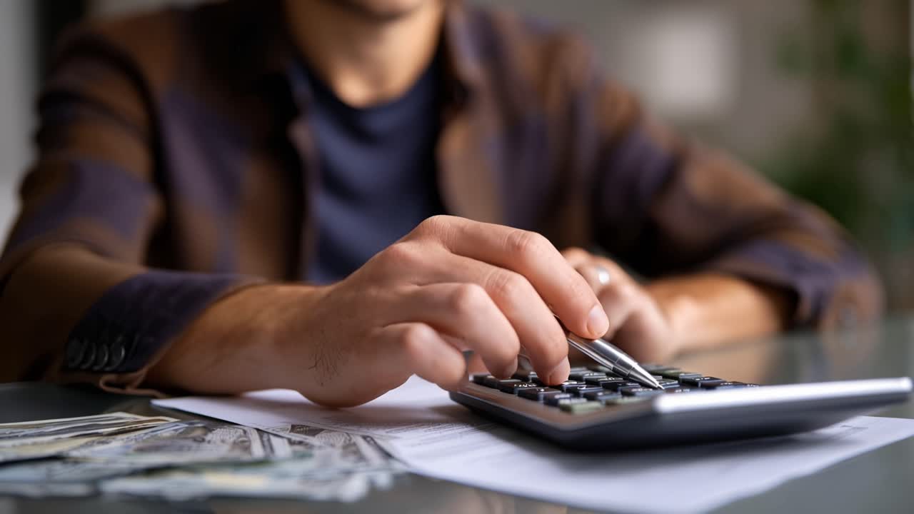 Un individuo concentrato che calcola le finanze su una calcolatrice con denaro e documenti sparsi su un tavolo, che rappresenta il budgeting e la pianificazione finanziaria