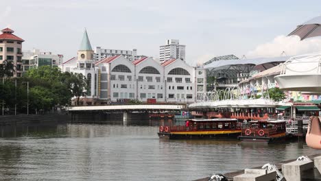 tourist boat cruising along a scenic river.