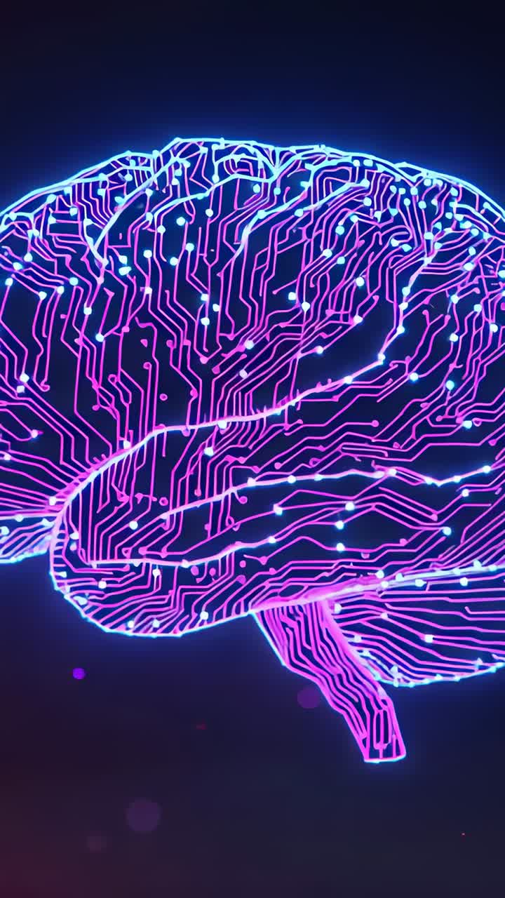 Vertical video: Cam panning neon brain rotating pulsing and showing circuits with lit dots in void