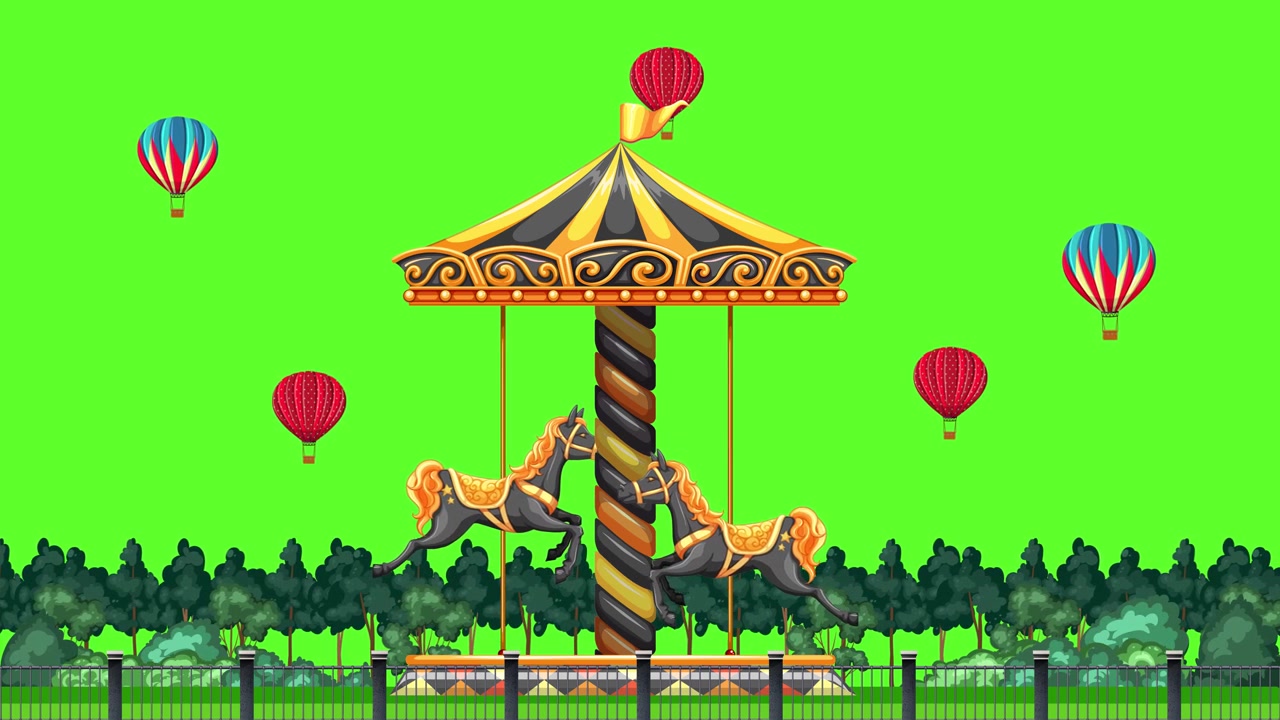 A vintage carousel rotates before a forest backdrop while hot air balloons float upwards