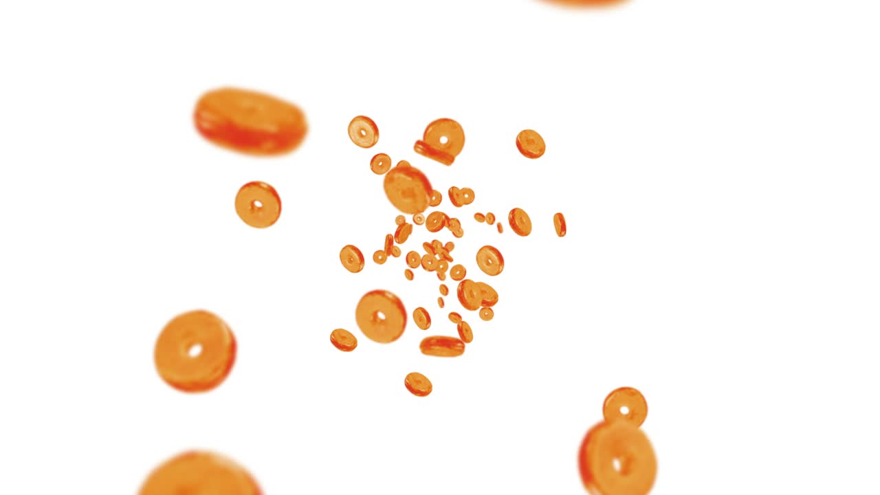 색 배경에 많은 평평한 도을 날아. 도 케이크, 과자, 디저트. 도 회전의 3d 애니메이션. 루프 애니메이션.