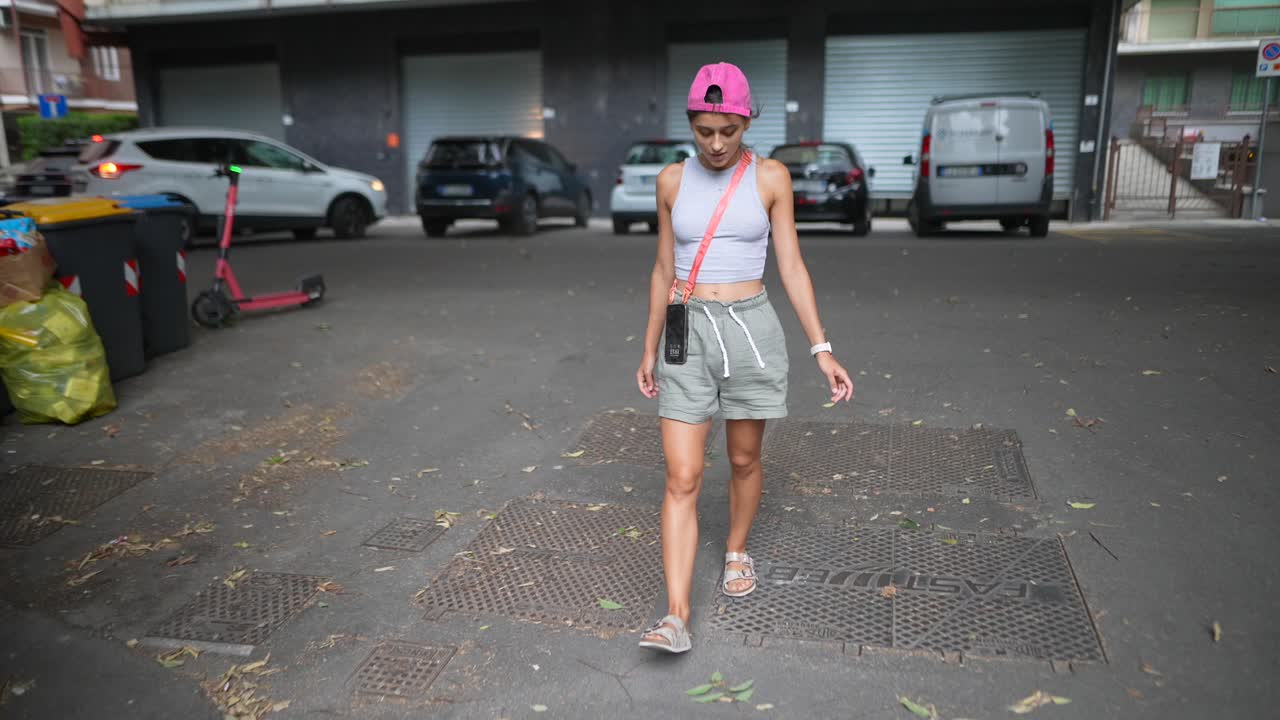 mujer caminando por la calle de la ciudad