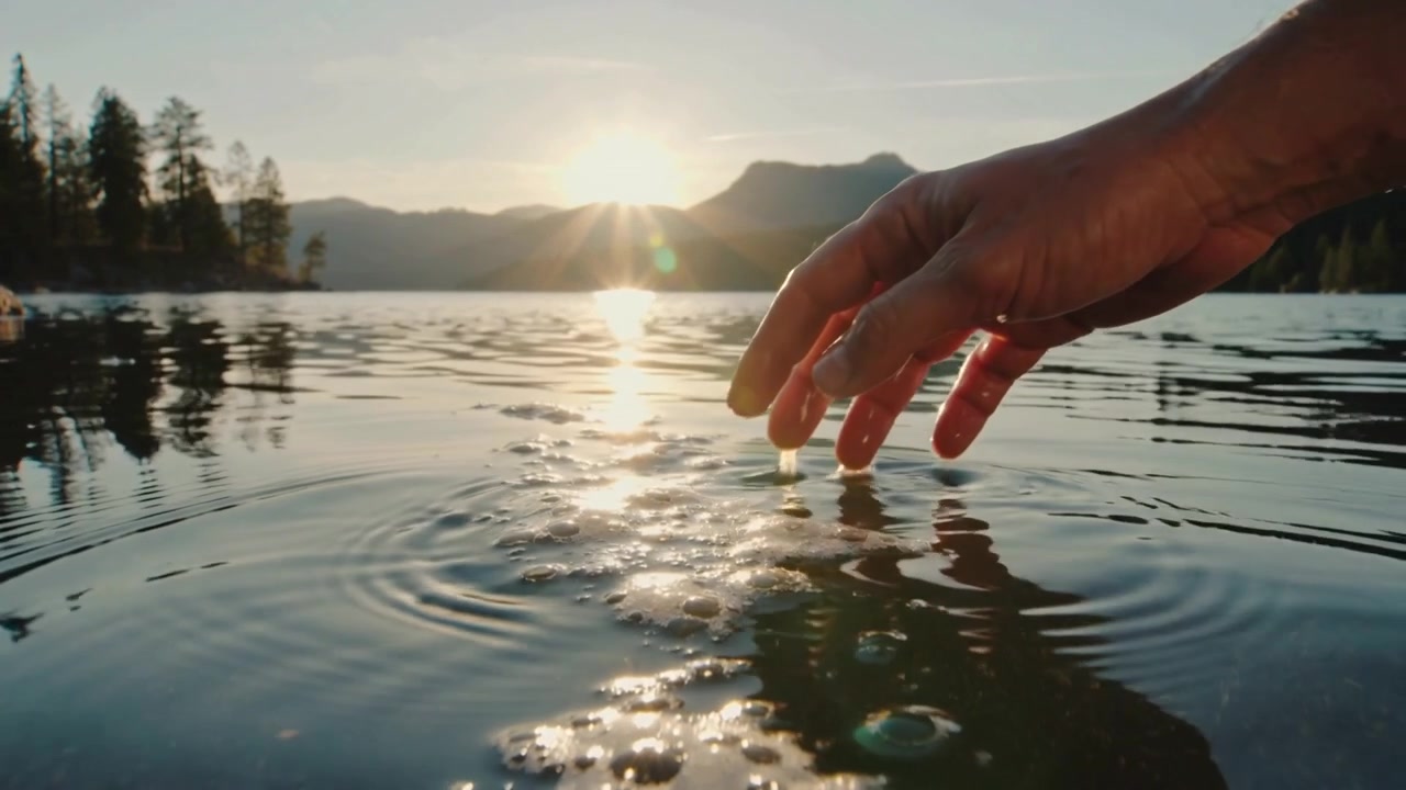 Touching bare right hand displacing foam, dragging fingers at mountain lake, sun glint, copy space