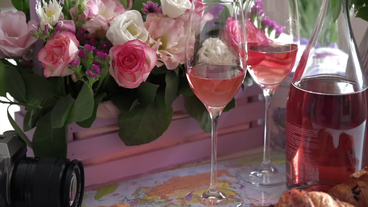 Close up of croissants and glasses of rose on a table with a pink basket of flowers