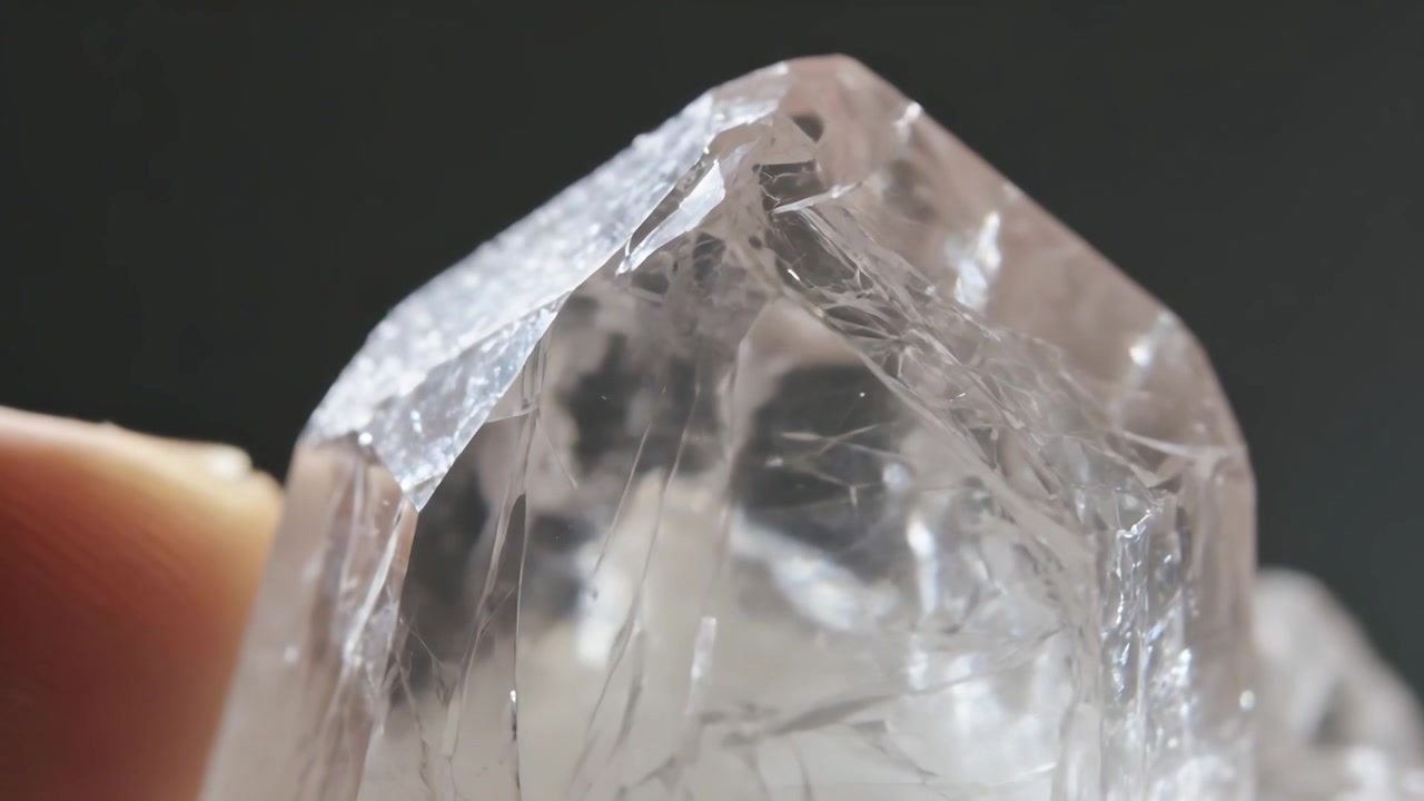 Fingertips nudging clear quartz crystal, rotating under studio light, revealing internal fractures