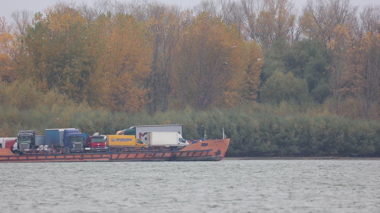 Transporter Ship Loaded With Automobiles Sailing To Galati City, Romania. - Medium Shot