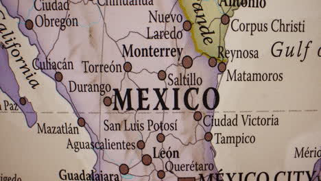 close-up detail of a map showing mexico and surrounding countries