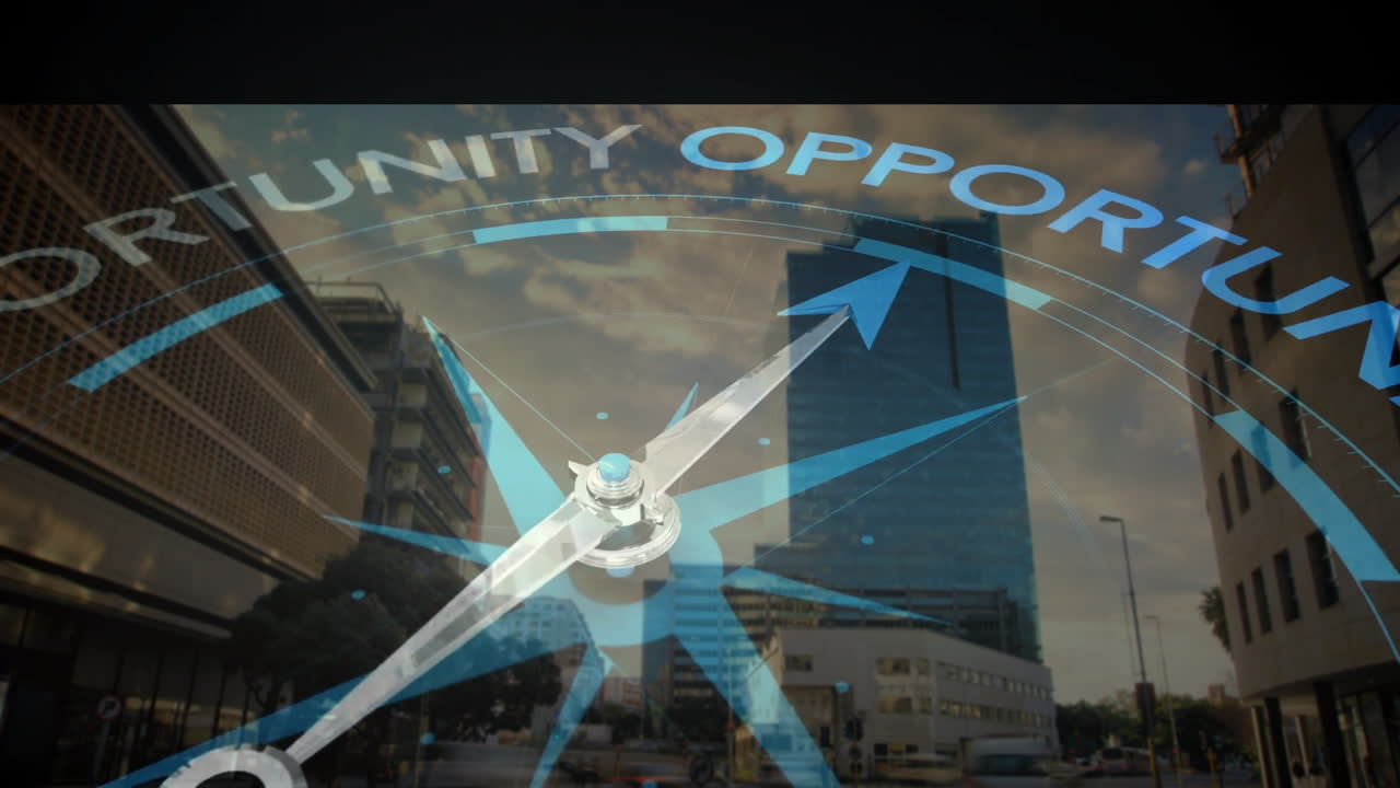 Compass needle pointing to Opportunity over cityscape with animation of buildings