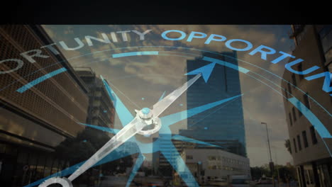 compass needle pointing to opportunity over cityscape with animation of buildings