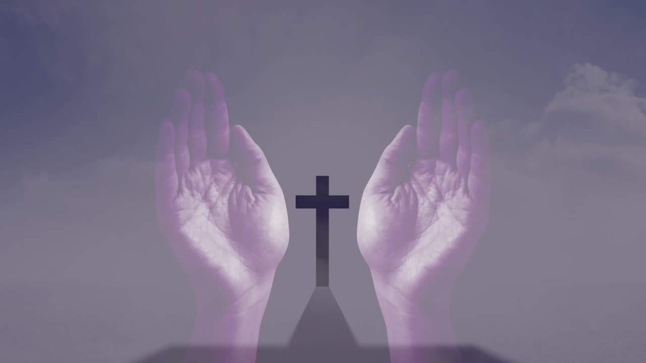 Semi-transparent purple hands floating beside dark cross on pedestal over cloudy sky in 3D render